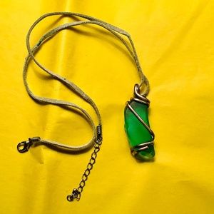 Turquoise color Glass Necklace| Suede cord and Silver clasp, Silver accents.